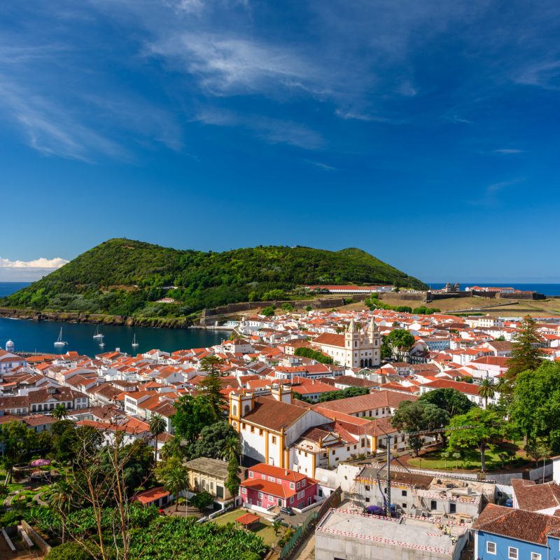 aerial view of the city of angra do heroismo from the Miradouro da Serreta , azores portugal